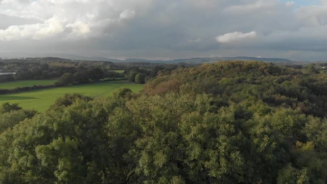 Aerial drone shot of fields & trees with dark stormy clouds, British countryside