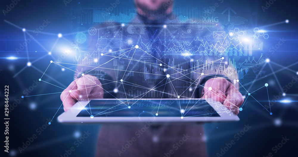 Poster elegant hand holding tablet with virtual database and network concept
