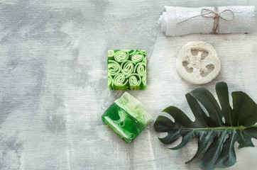 Spa composition with body care items on a light background.