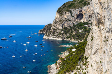 The dramatic coastline of Capri above Marina Piccola viewed from Gardens of Augustus, Campania,...