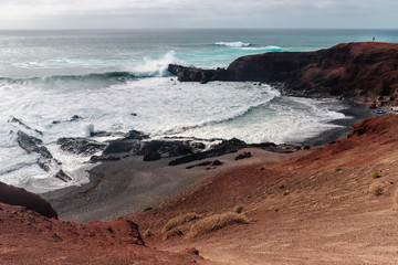 Volcanic Beach with black sand and waves