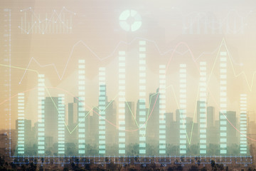 Forex chart on cityscape with skyscrapers wallpaper multi exposure. Financial research concept.