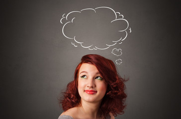 Pretty girl thinking with speech bubble above her head