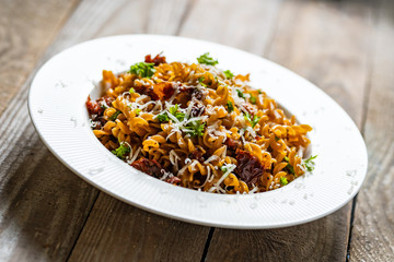 Pasta with sauce and sun-dried tomatoes