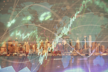 Financial graph on night city scape with tall buildings background double exposure. Analysis concept.