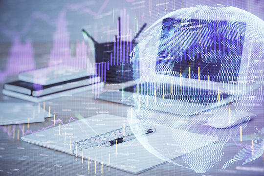 Double exposure of chart and financial info and work space with computer background. Concept of international online trading. - Powered by Adobe