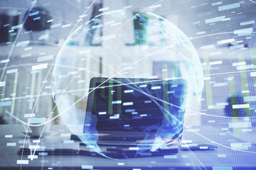 Multi exposure of business theme icons and table with computer background. Concept of success.