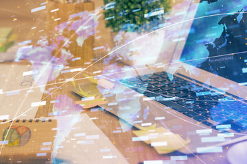 Technology theme drawing and table with computer. Double exposure. Concept of information.