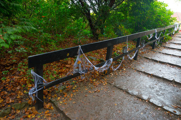 White spider Web and lantern on wooden bridge in autumn forest on Halloween holiday.