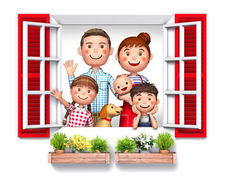 Illustration of a family showing their faces through a window created in 3d rendering