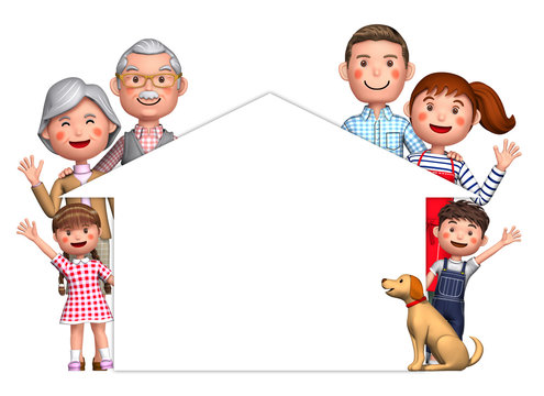 Illustration of a family surrounding a house silhouette created in 3d render