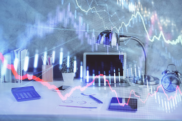 Multi exposure of forex graph and work space with computer. Concept of international online trading.