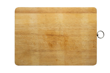 Wooden chopping board, isolated on white background, top view