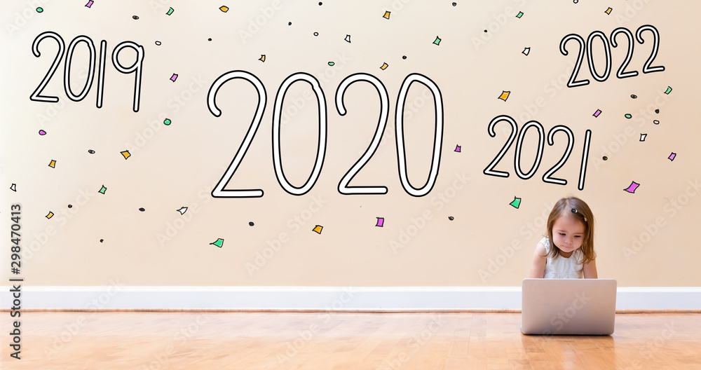 Poster 2020 with little girl using a laptop computer on floor