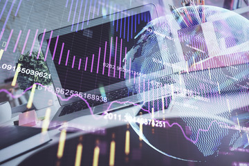 Multi exposure of forex graph and work space with computer. Concept of international online trading.