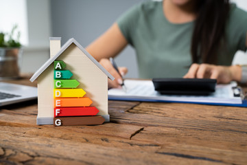 Woman Calculating Energy Efficient House