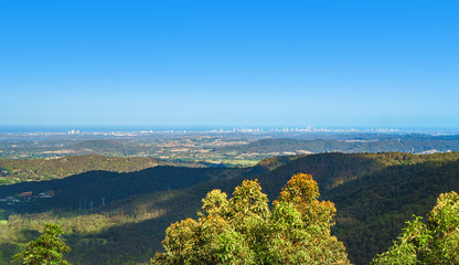 Stunning panoramic view of the Gold Coast city skyline visible from the peak of Tamborine Mountain,...
