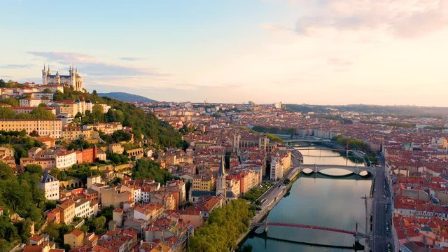 Lyon city skyline aerial view from sky drone video.