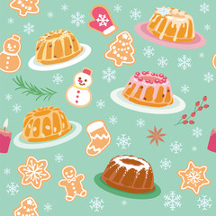 Seamless background with Christmas pastry. Vector pattern.