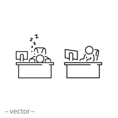 employee working on computer and sleeping at the table, icon, business person at the office desk, workplace, corporate team group, thin line web symbol - editable stroke vector illustration eps10