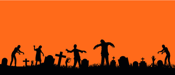 Fototapeta na wymiar Zombies Halloween Cementery Orange Silhouette
