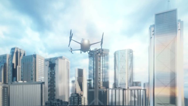 An unmanned passenger drone has flown in to pick up its passenger on a cloudy day. The concept of the future unmanned air taxi. 3D rendering of animation.