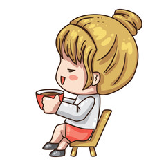 Vector illustration of business girl, secretary  or teacher in formal dress. Cute chibi character isolated on white background. Girl holding cap of coffee in her hand. 
