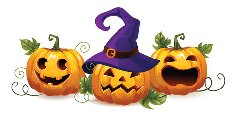 Halloween pumpkins in a witch hat. The main symbol of the Happy Halloween holiday. Horizontal banner for Halloween.