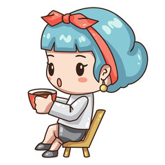 Vector illustration of business girl, secretary  or teacher in formal dress. Cute chibi character isolated on white background. Girl holding cap of coffee in her hand. 