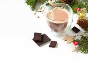 Cocoa drink with chocolate with a Christmas composition. Isolate on white background.