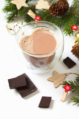 Cocoa drink with chocolate with a Christmas composition. Isolate on white background.