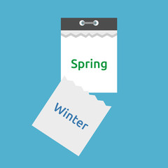 Abstract tear-off calendar with falling leaf, winter ends and spring starts on blue background. Time, seasons and change concept. Flat design. Vector illustration. EPS 8, no gradients, no transparency