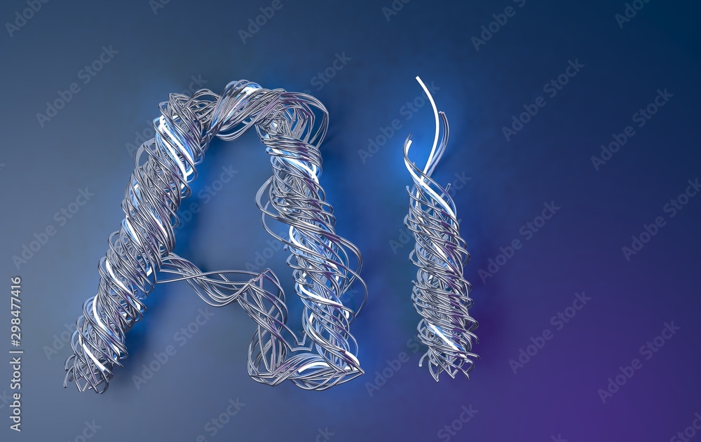 Poster ai letter artificial intelligence shaped from wires, 3d rendering