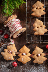 Gorgeous chain made of gingerbread cookies as decoration for Christmas