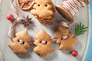 Tasty gingerbread cookie chain as decoration for Christmas