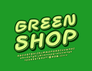 Vector emblem Green Shop with trendy Font. Creative Alphabet Letters, Number and Symbols
