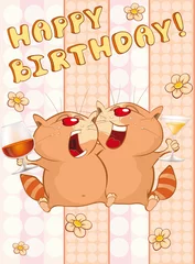 Gordijnen Gelukkige verjaardagskaart Cute Cartoon karakter kat. Vector wenskaart. Gelukkig moment. gefeliciteerd © liusa