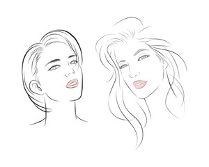 girl face long and short hair portrait isolated on white background. hand drawn vector illustration
