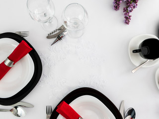 Table setting for two prepared for meal in restaurant