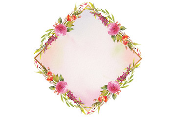 pink watercolor floral frame with gold