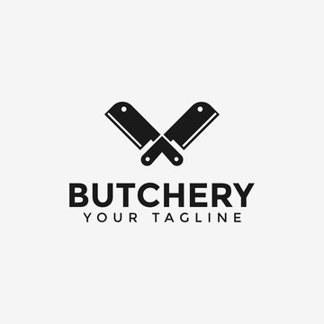 Butcher Shop, Crossed Cleaver Knife Logo Design Template