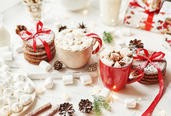 Christmas cookies, milk, cocoa, marshmallows, candies on a white plate by the window