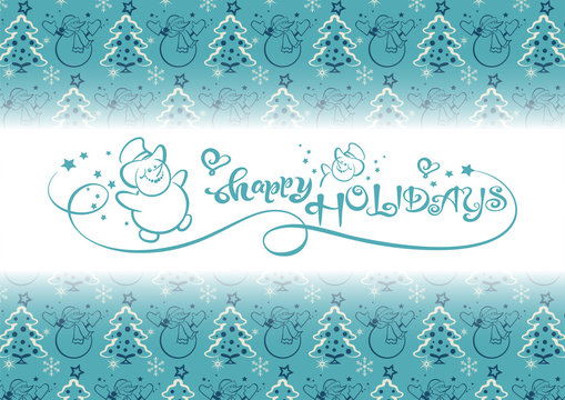 Fototapeta Christmas card. Snowman on white background. Handwritten holiday inscriptions. Xmas, winter, new year concept. Great for invitations, posters, Christmas holiday decorations. Vector