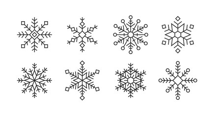 Flat set of snowflakes drawing. Black and white line art. Vector illustration snow