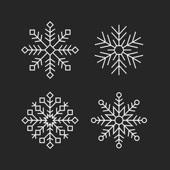 Flat set of snowflakes drawing. Black and white line art. Vector illustration snow