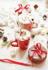Christmas cookies, milk, cocoa, marshmallows, candies on a white plate by the window