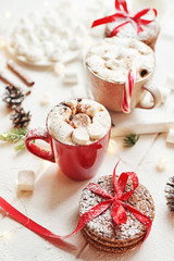 Christmas cookies, milk, cocoa, marshmallows, candies on a white plate by the window