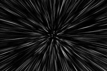 Bokeh white lines on black background, abstraction, abstract speed light motion blur texture, star particle or space traveling, black and white extrusion effect