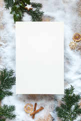 copy space, blank paper on Snow and fir green as background, Christmas, cinnamon sticks and dried...