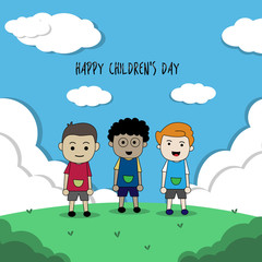 Obraz na płótnie Canvas World Children's Day, three children standing in a garden, with blue sky